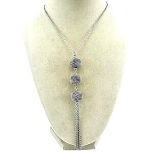 Chicos Ball Chain Bead Tassel Dangle Extra Long Silver Tone 33” Necklace